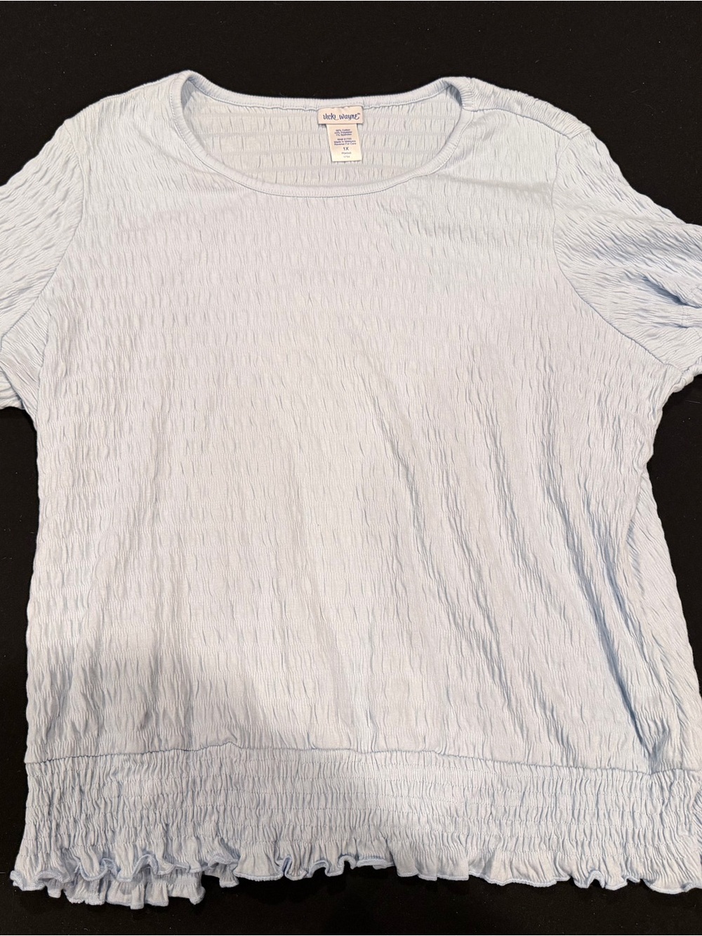 Vicki Wayne Plus Size 1X Light Blue Crinkle Smocked Ruffle Hem Top
